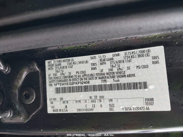 2015 FORD F-150 XLT VIN: 1FTEW1EG2FKF02408