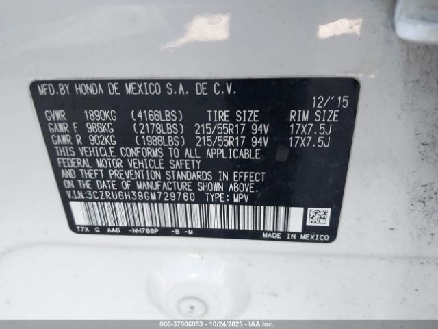 3CZRU6H39GM729760 Honda HR-V LX