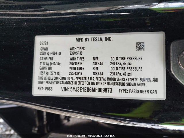 5YJ3E1EB6MF009873 Tesla Model 3 Long Range