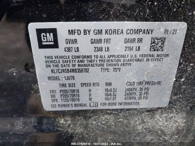 Chevrolet Trax Awd Ls 2021 KL7CJNSB4MB358702 Image 9