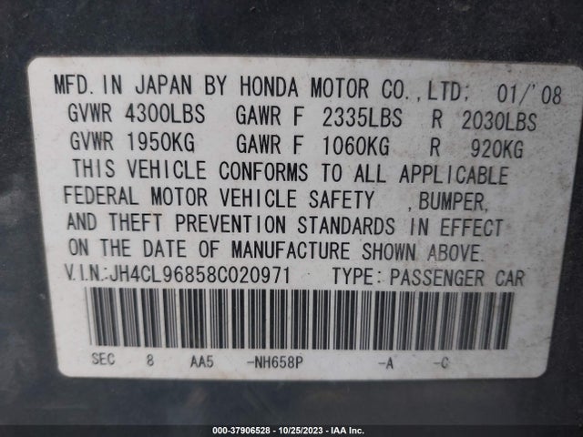 2008 ACURA TSX VIN: JH4CL96858C020971