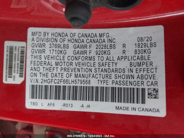2HGFC2F66LH579568 Honda Civic Sedan Lx