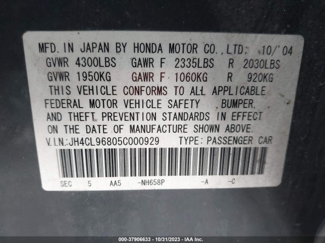 2005 ACURA TSX VIN: JH4CL96805C000929