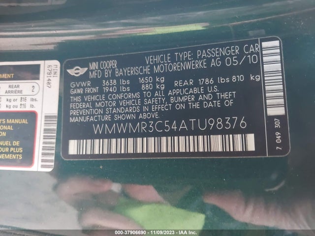 2010 MINI COOPER WMWMR3C54ATU98376 Photo 8