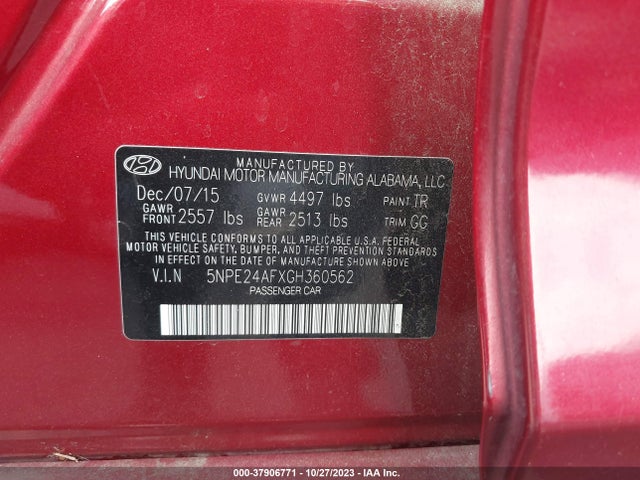 Продаж на аукціоні авто 2016 Hyundai Sonata 2.4l Se, vin: 5NPE24AFXGH360562, номер лоту: 37906771