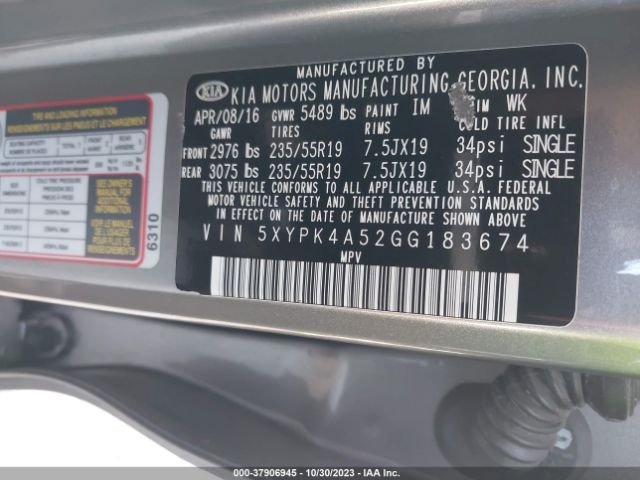 5XYPK4A52GG183674 KIA Sorento 3.3l Sxl