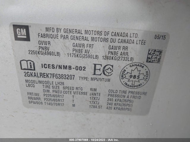 GMC Terrain Sle-2 2015 2GKALREK7F6383207 Image 9