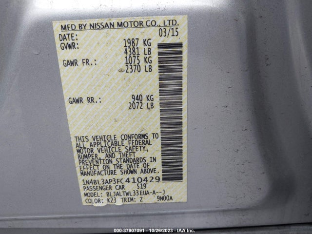 37907091 :رقم المزاد ، 1N4BL3AP3FC410429 vin ، 2015 Nissan Altima 3.5 Sl مزاد بيع