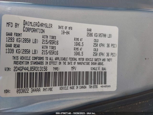 2005 DODGE GRAND CARAVAN SXT VIN: 2D4GP44L85R313156