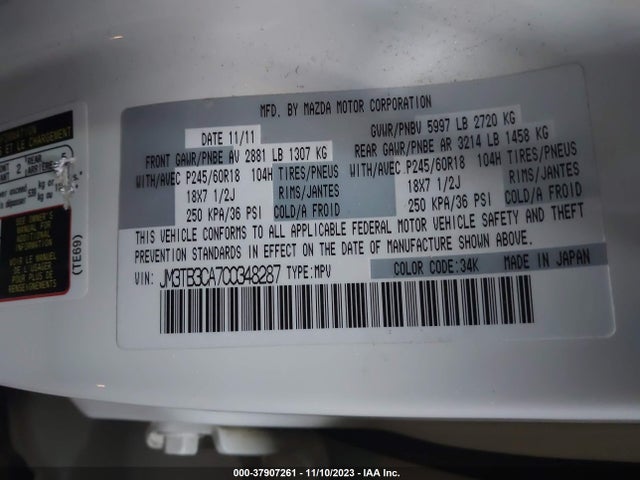 2012 MAZDA CX-9 TOURING VIN: JM3TB3CA7C0348287
