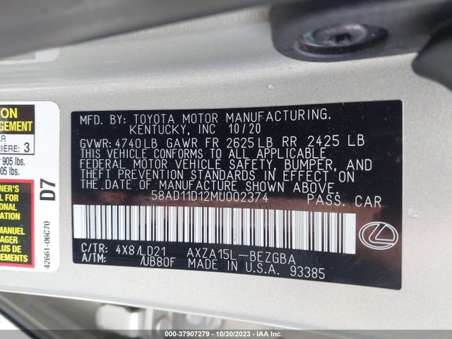 2021 LEXUS ES 250 VIN: 58AD11D12MU002374