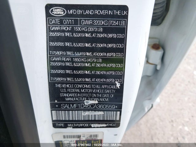2012 LAND ROVER RANGE ROVER HSE VIN: SALMF1D46CA360559