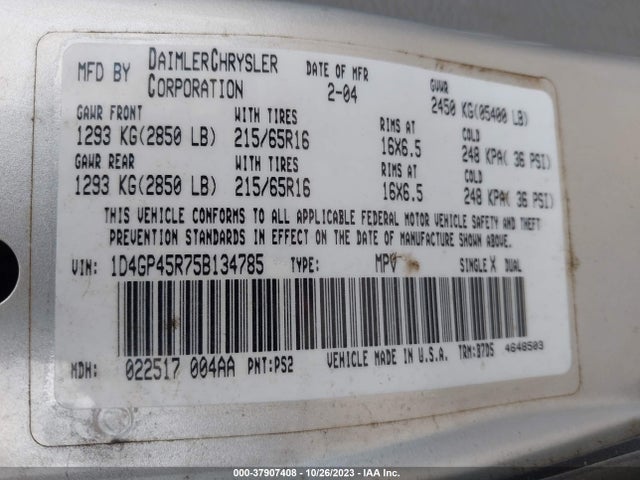 2005 DODGE CARAVAN SXT VIN: 1D4GP45R75B134785