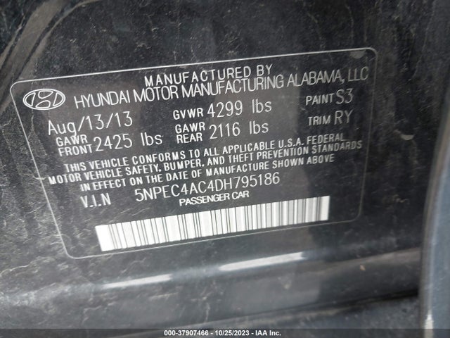 2013 HYUNDAI SONATA SE VIN: 5NPEC4AC4DH795186