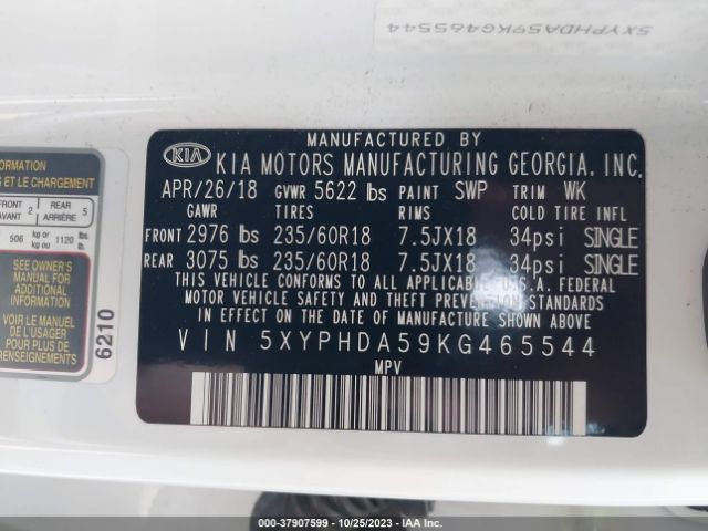 5XYPHDA59KG465544 KIA Sorento Ex V6
