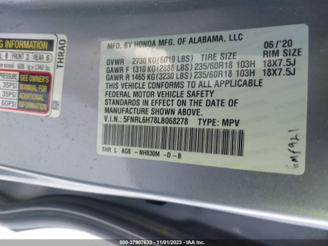 5FNRL6H78LB068278 Honda Odyssey Ex-l/ex-l W/navi & Res