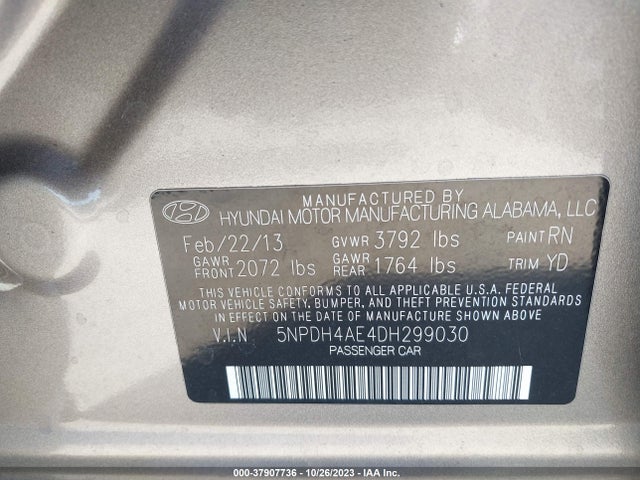 2013 HYUNDAI ELANTRA GLS VIN: 5NPDH4AE4DH299030