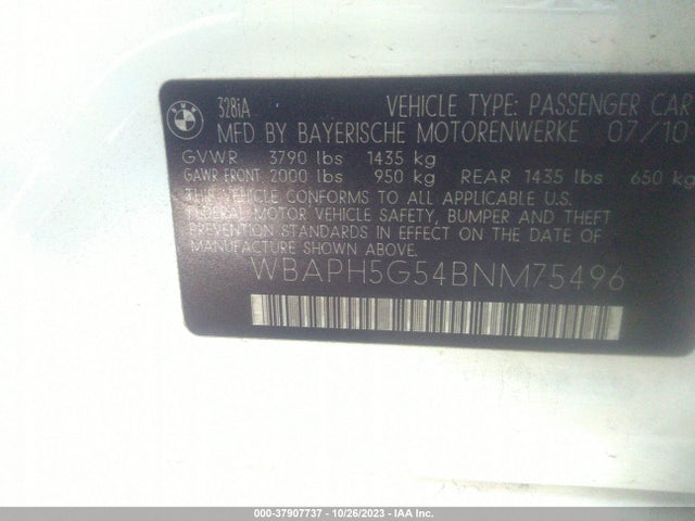 2011 BMW 3 SERIES 328I VIN: WBAPH5G54BNM75496