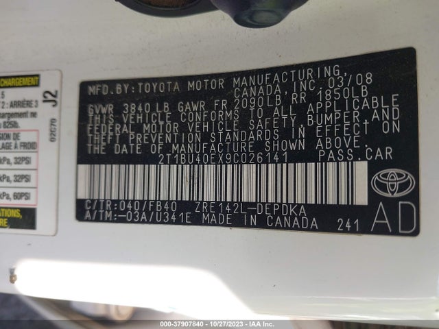 2009 TOYOTA COROLLA LE VIN: 2T1BU40EX9C026141