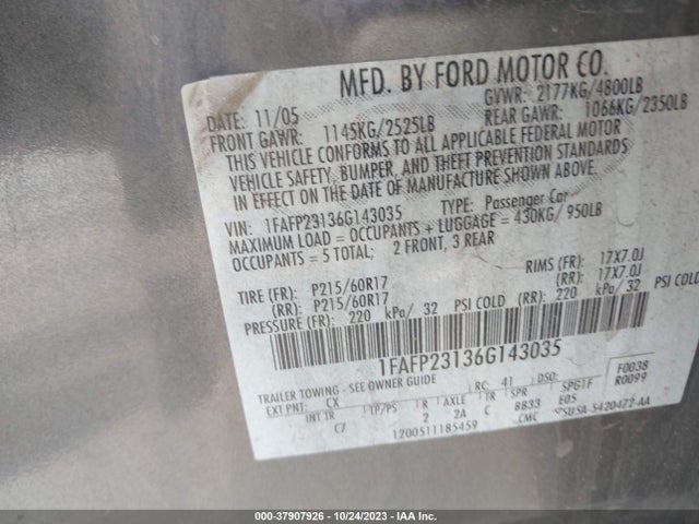 2006 FORD FIVE HUNDRED SE VIN: 1FAFP23136G143035
