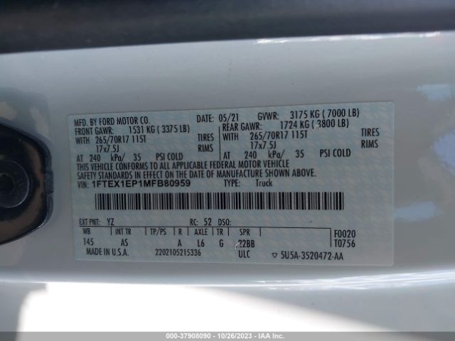 1FTEX1EP1MFB80959 Ford F-150 Xl/xlt/lariat