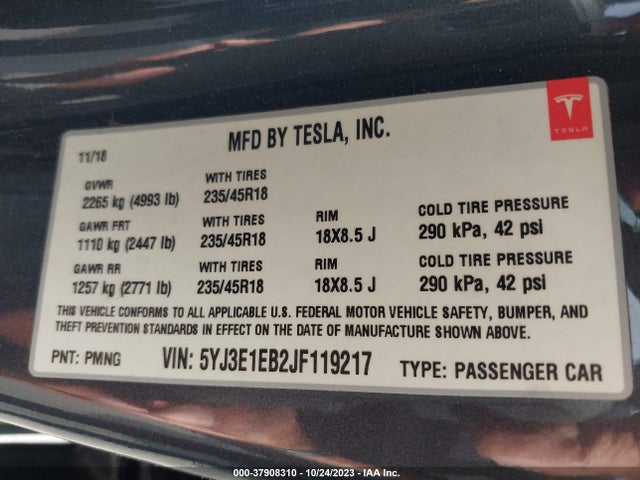 Tesla Model 3 Long Range 2018 5YJ3E1EB2JF119217 Image 9