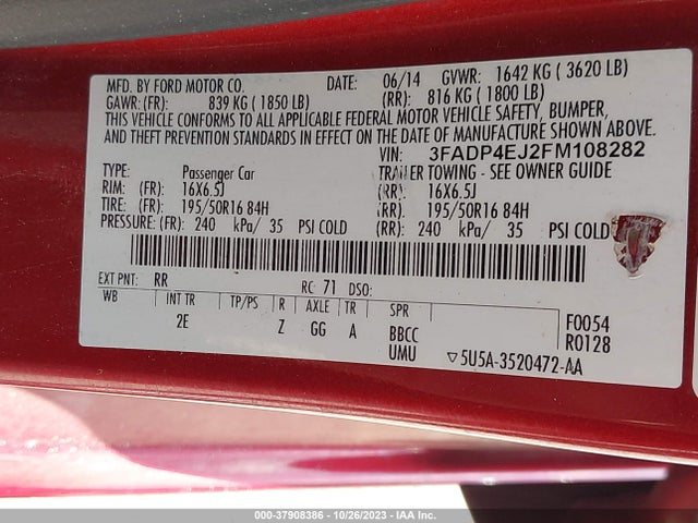 2015 FORD FIESTA SE VIN: 3FADP4EJ2FM108282