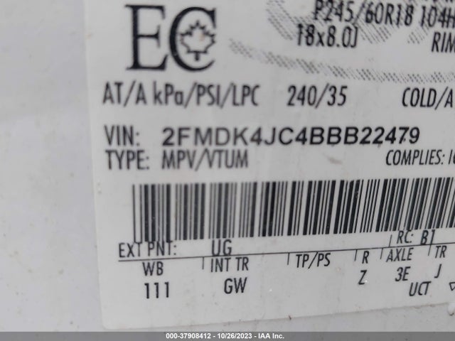 2011 FORD EDGE SEL VIN: 2FMDK4JC4BBB22479