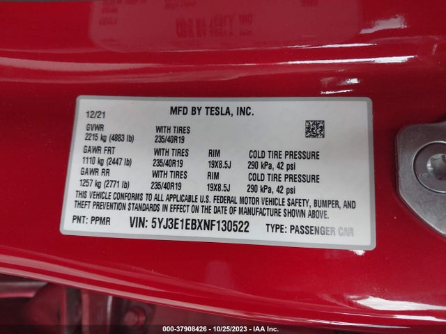 Tesla Model 3 Long Range 2022 5YJ3E1EBXNF130522 Image 9