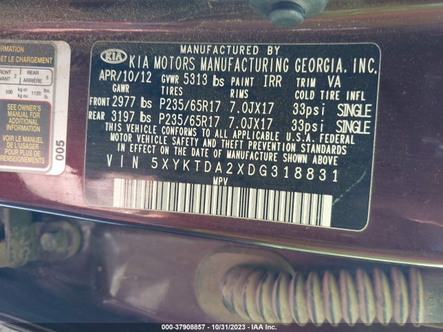 2013 KIA SORENTO LX VIN: 5XYKTDA2XDG318831
