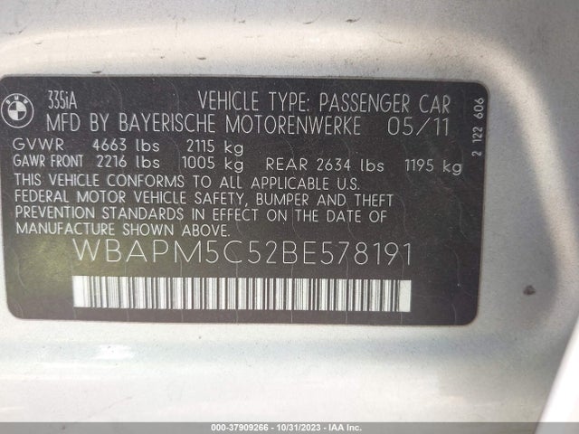 2011 BMW 3 SERIES 335I VIN: WBAPM5C52BE578191