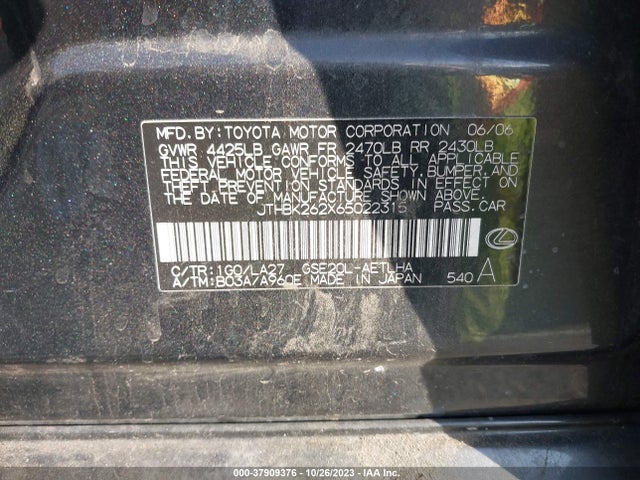 2006 LEXUS IS 250 AUTO VIN: JTHBK262X65022315