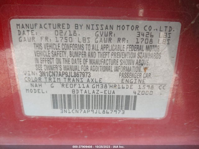 Nissan Versa Sedan S Plus 2018 3N1CN7AP9JL867973 Image 9