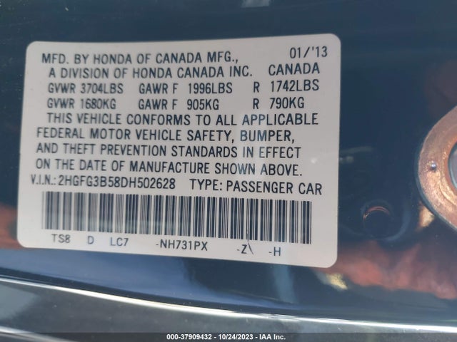 2013 HONDA CIVIC CPE LX VIN: 2HGFG3B58DH502628