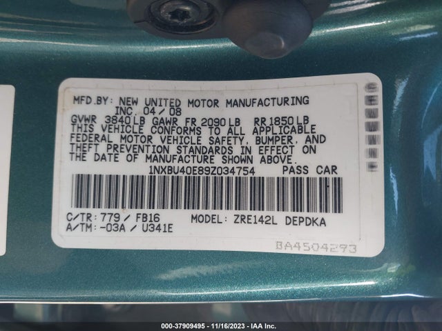 2009 TOYOTA COROLLA VIN: 1NXBU40E89Z034754
