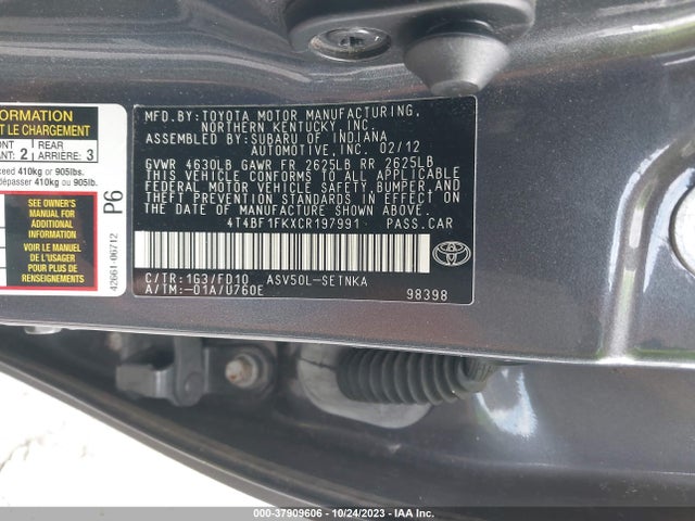 Продаж на аукціоні авто 2012 Toyota Camry L/le/se/xle, vin: 4T4BF1FKXCR197991, номер лоту: 37909606