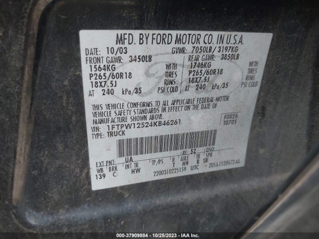 2004 FORD F-150 XLT/LARIAT VIN: 1FTPW12524KB46261