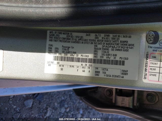 2015 FORD FIESTA S VIN: 3FADP4AJ1FM216141