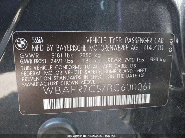 2011 BMW 5 SERIES 535I VIN: WBAFR7C57BC600061