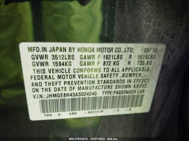 2010 HONDA FIT SPORT VIN: JHMGE8H43AS024240