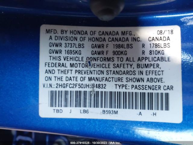 2HGFC2F50JH594832 Honda Civic Sedan Lx