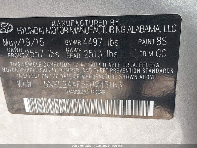 2015 HYUNDAI SONATA SE VIN: 5NPE24AF5FH243163