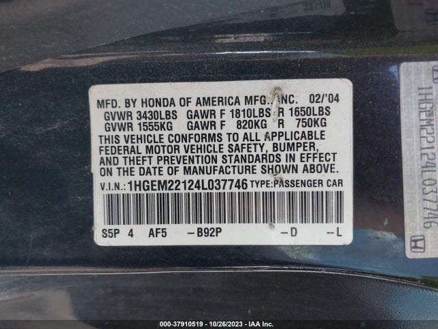 2004 HONDA CIVIC VP VIN: 1HGEM22124L037746