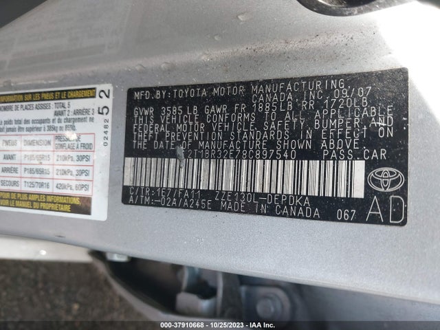 2008 TOYOTA COROLLA CE/S/LE VIN: 2T1BR32E78C897540