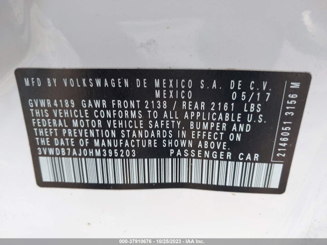 2017 VOLKSWAGEN JETTA 1.4T SE VIN: 3VWDB7AJ0HM395203