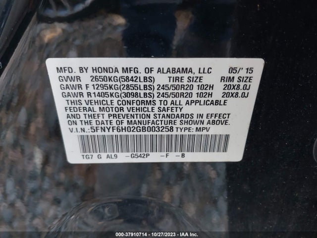 Honda Pilot Elite 2016 5FNYF6H02GB003258 Image 9