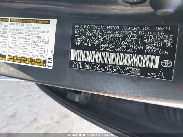 2011 TOYOTA COROLLA L/LE/S VIN: JTDBU4EE7B9149027