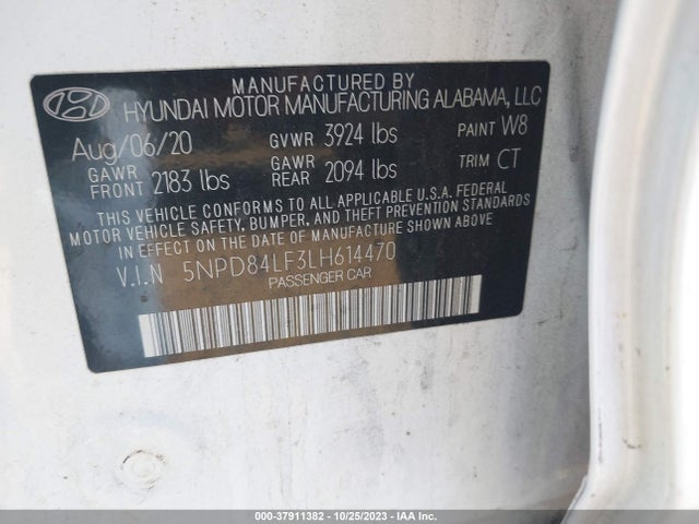 2020 HYUNDAI ELANTRA SEL VIN: 5NPD84LF3LH614470