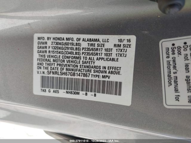 5FNRL5H67GB147867 Honda Odyssey Ex-l