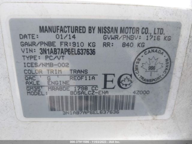 3N1AB7AP6EL637636 Nissan Sentra S/fe+ S/sv/fe+ Sv/sr/sl